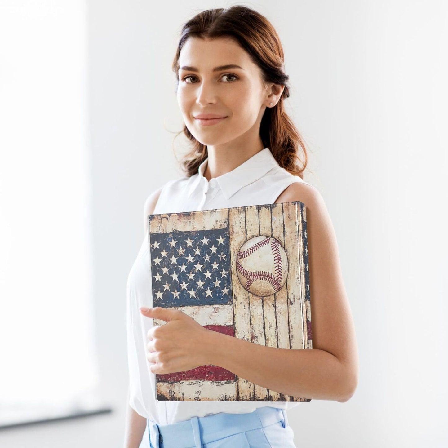 Retro American Flag Baseball Round Ring Binders 1.5 Inch Softball Wooden Background 3 Ring Clipboard Binder for Office School Work Supplies File Folder 200 Sheet Capacity