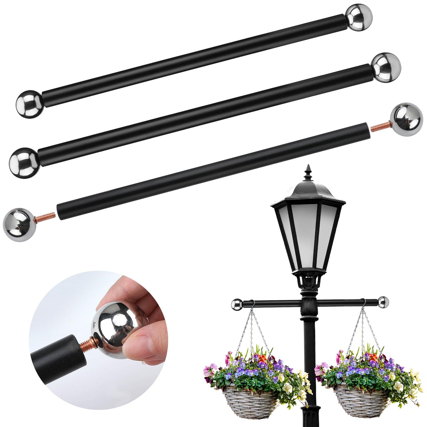 Yaocom Lamp Post Cross Arm Replacement, 16 Inch Steel with Brass Caps, Silver Ball, Model Yaocom-Cross Arm Ladder-42
