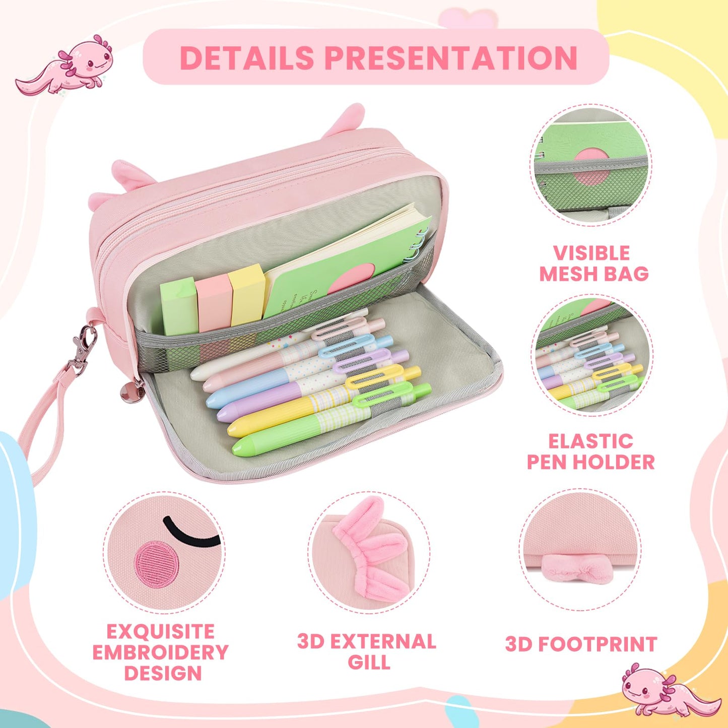 EHZYP Axolotl Pencil Case, Pencil Case For Girls Kids, Salamander Pen Box For School, Large Capacity Pen Pouch,School Supplies Bag for Kids (Pink)