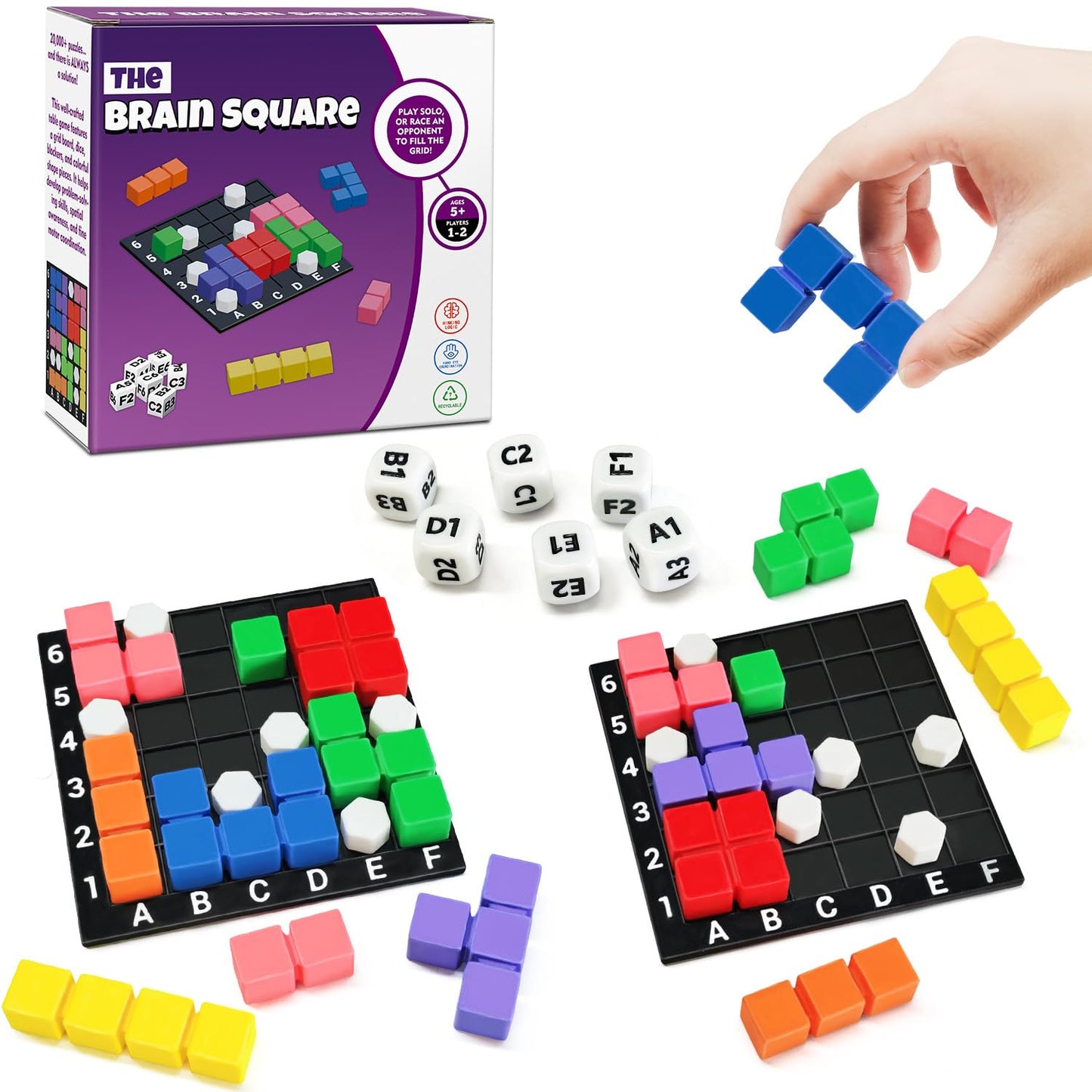 STEM Puzzle Game The Brain Square with 160000+ Solutions Pattern Matching Blocks Brain Teaser Toy Roll Dice & Race Your Opponent to Fill Grid Travel Game for Kids & Teens Back to School Birthday Gift