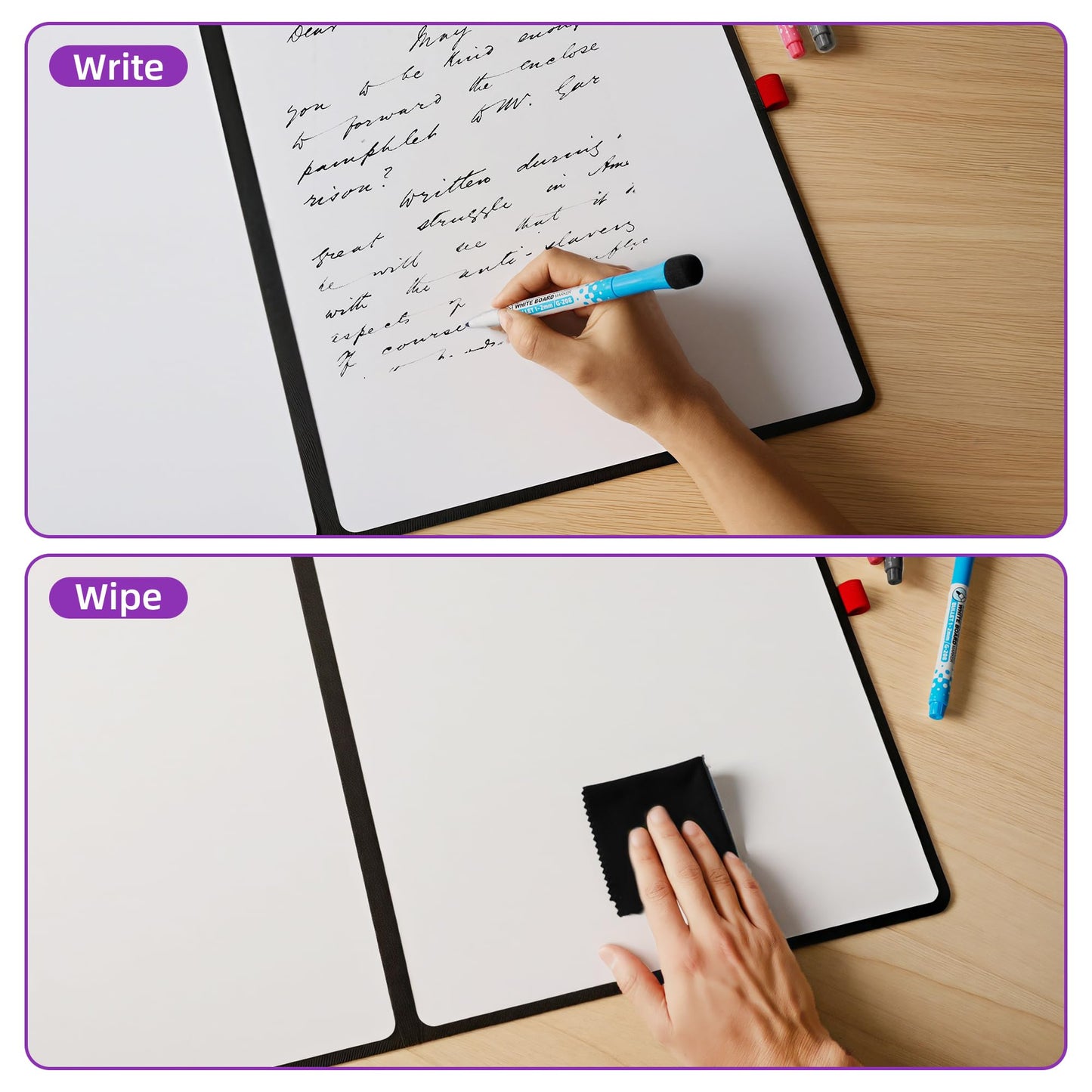 iNenya Double-Sided White Board 16×12inch - Expands to 24“×16” Dry Erase Board with 3 Markers & Anti-Ghosting Surface | Magnetic-Ready | Ultra-Thin for Office,School,Travel,Home(16"×12"-Black)