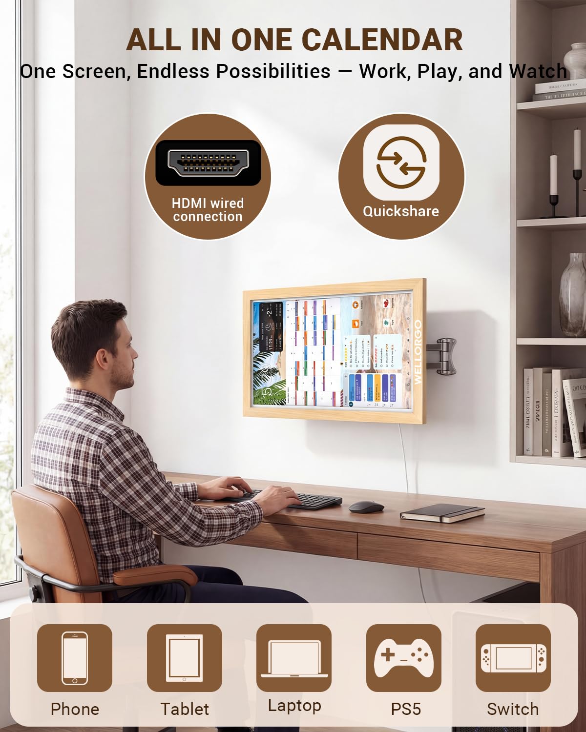 WELLORGO Digital Calendar 2026, 15.6-inch Electronic Calendar for Wall, Touch Screen Smart Digital Planner with Kids' Chores Chart/Meal Plan/Streaming Services/Photo Display, Remote Control Supported
