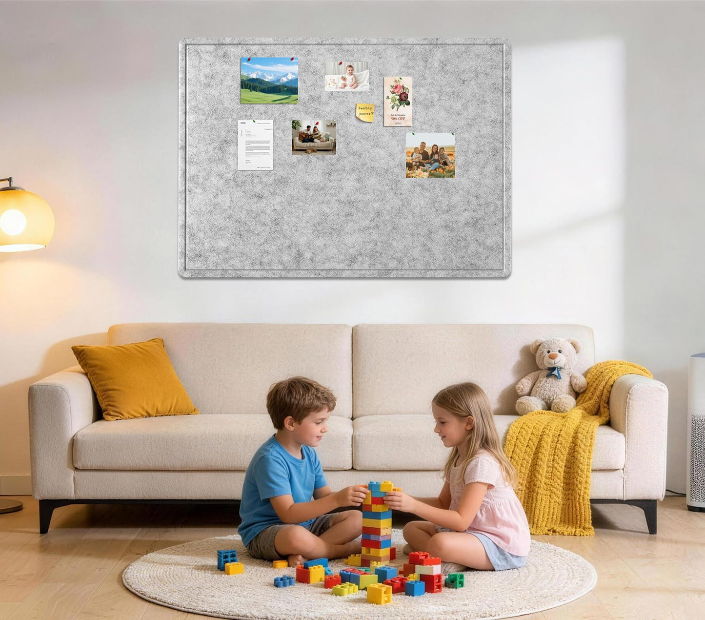 Large Bulletin Board - 48 X 36 inches Decorative Felt Pin Board - 4' x 3' Cork Board Alternative for Wall - Foldable Photo Board Self-Adhesive Vision Board Prayer Board with 30 Pushpins - Silver Gray