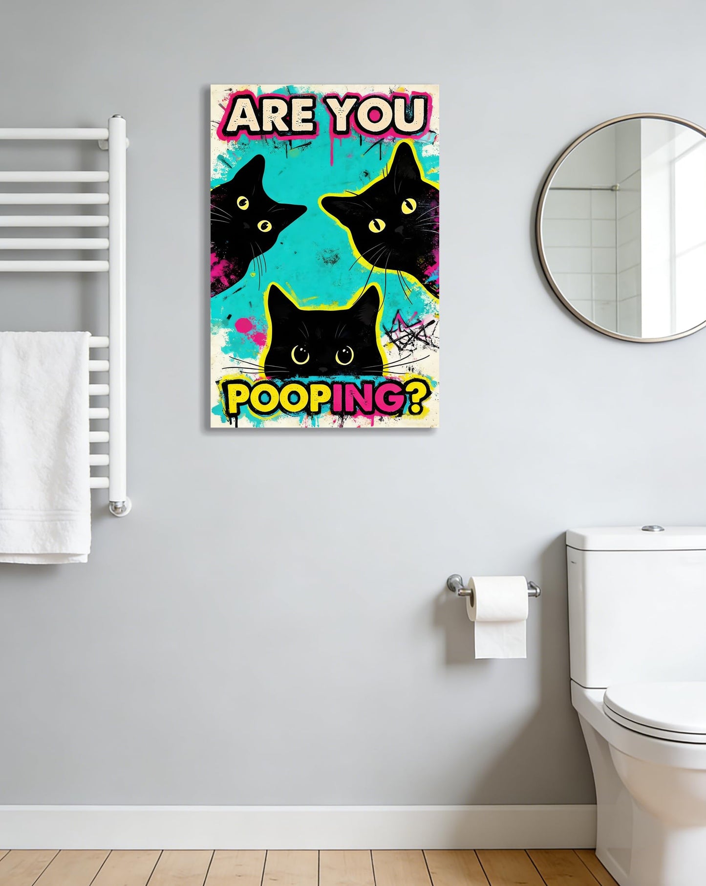 DUFIPOR Funny Black Cat Bathroom Wall Art, Are You Pooping? Graffiti Pop Art Canvas Prints, 16x24 Inch Humorous Bathroom Decor for Washroom Restroom, Trendy Cat Lover Gifts for Bathroom Wall Decor