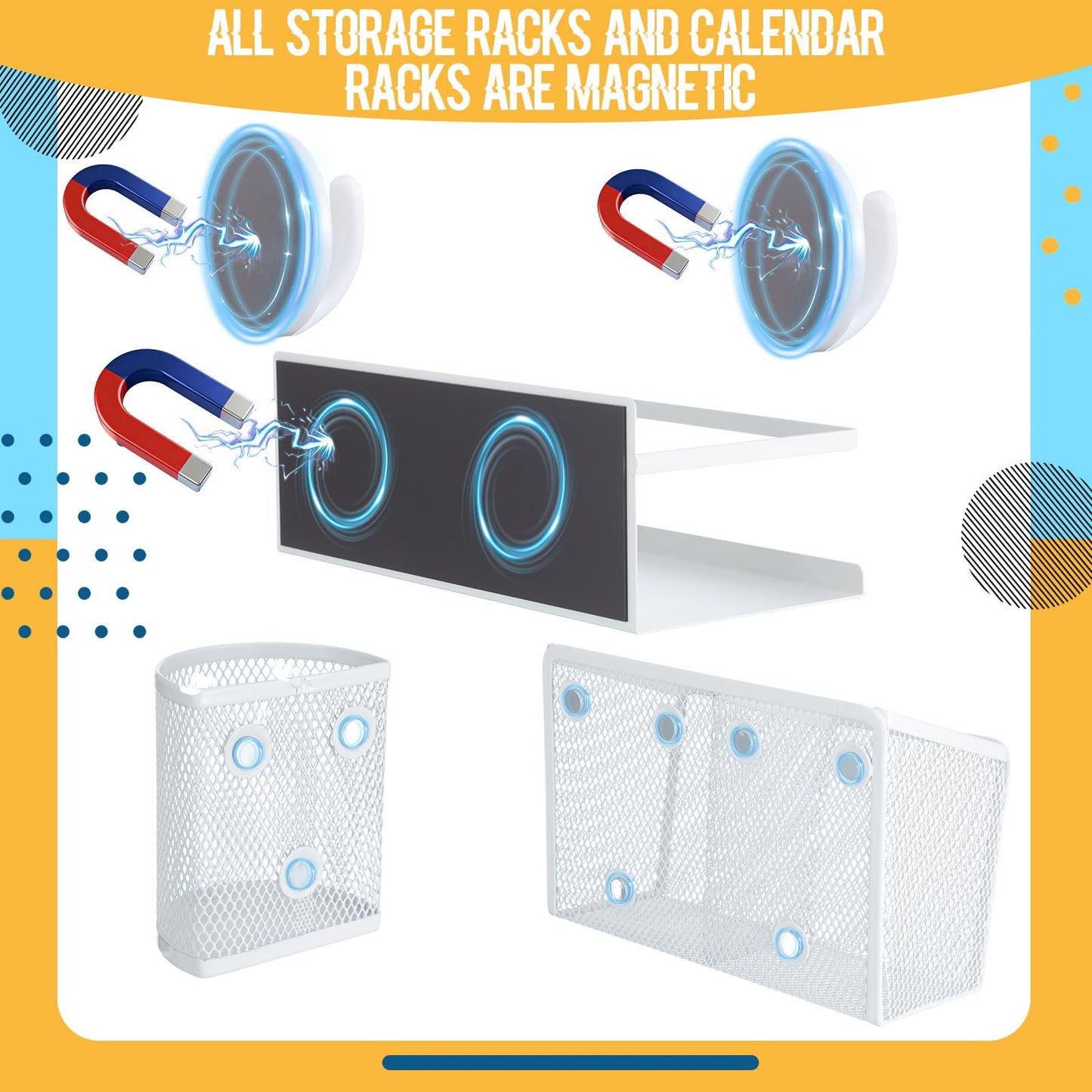LemonSecret 5 Pcs Classroom Whiteboard White Magnetic Organizer Set with 3 Magnetic Pen Holder Calendar Holder and Book Shelf for Organizer Accessories Office Classroom Back to School Supplies