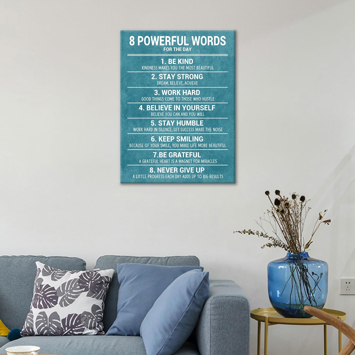 YSPCSUN Inspirational Posters for Office 8 Powerful Words for the Day Quote, Teal White Canvas Wall Decor for Home Office Dorm Classroom, Single Panel Framed Canvas, 24x18 Inch