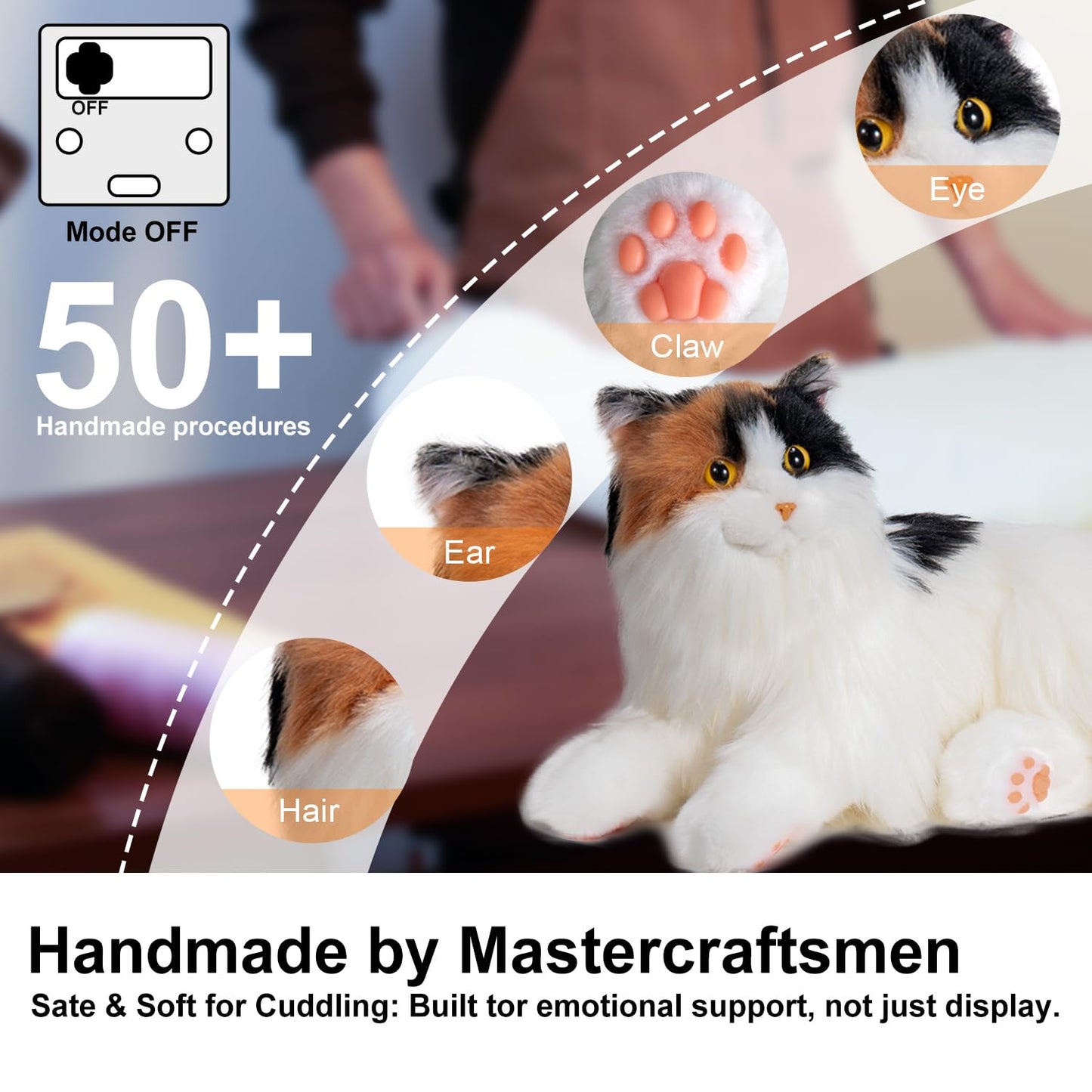 Chongker Interactive Companion Robot Cat, Weighted Breathing Stuffed Animals, Cat Plush Toy with Meow Voice, Breathing, Response, Realistic Heartbeat and Purring (Dark Calico Cat)