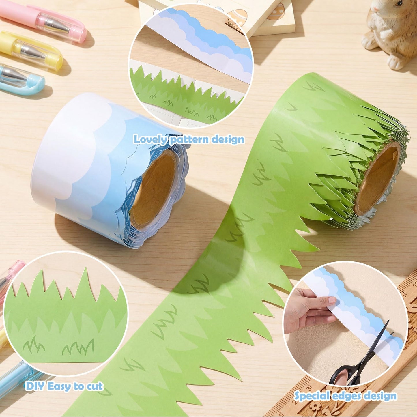 Trandraft 2 Rolls 65.6ft Grass Bulletin Board Decoration Clouds Bulletin Board Strips Green Grass Back to School Trim Borders for School Classroom Chalkboard Party Decoration