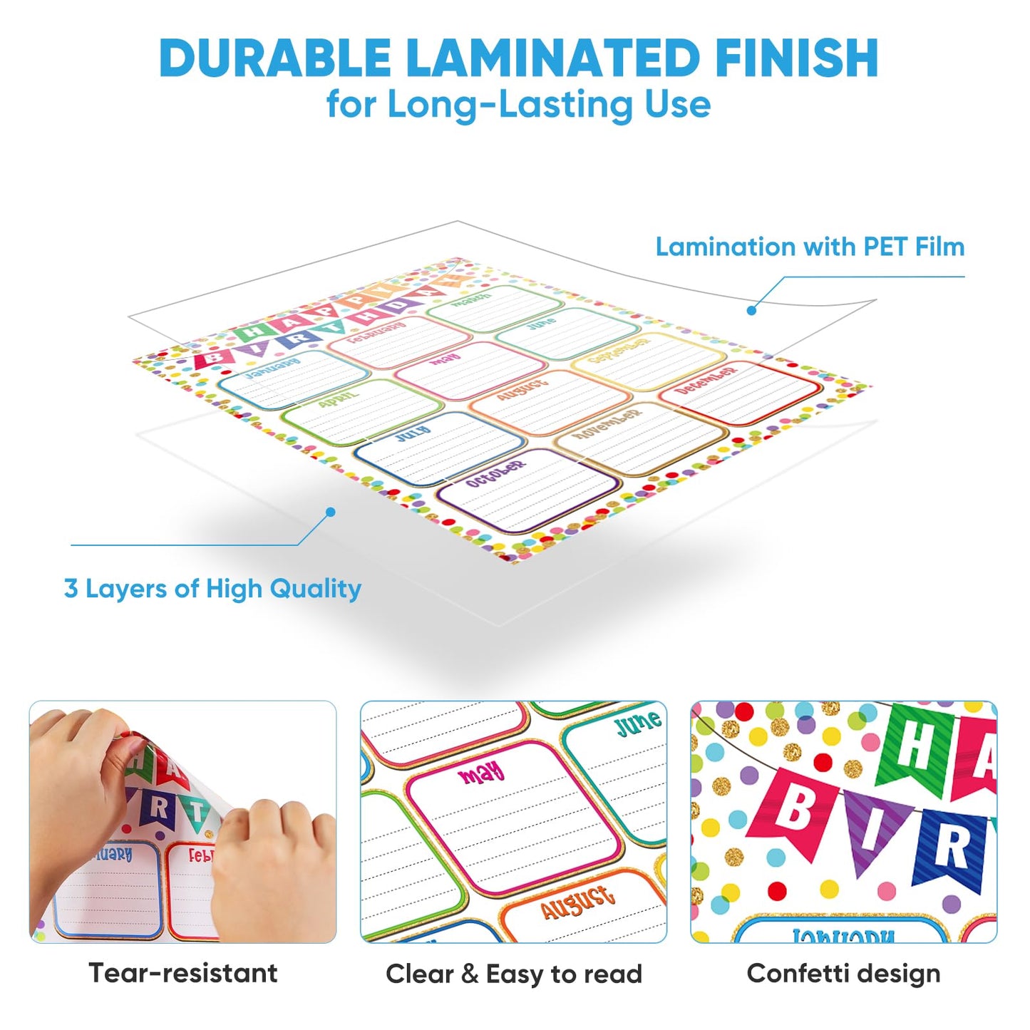 FaCraft Birthday Chart Poster for Classroom - Reusable Laminated 16.5" x 12" Happy Birthday Calendar for Bulletin Board Decoration Confetti Back to School Teacher Supplies for Elementary & Preschool