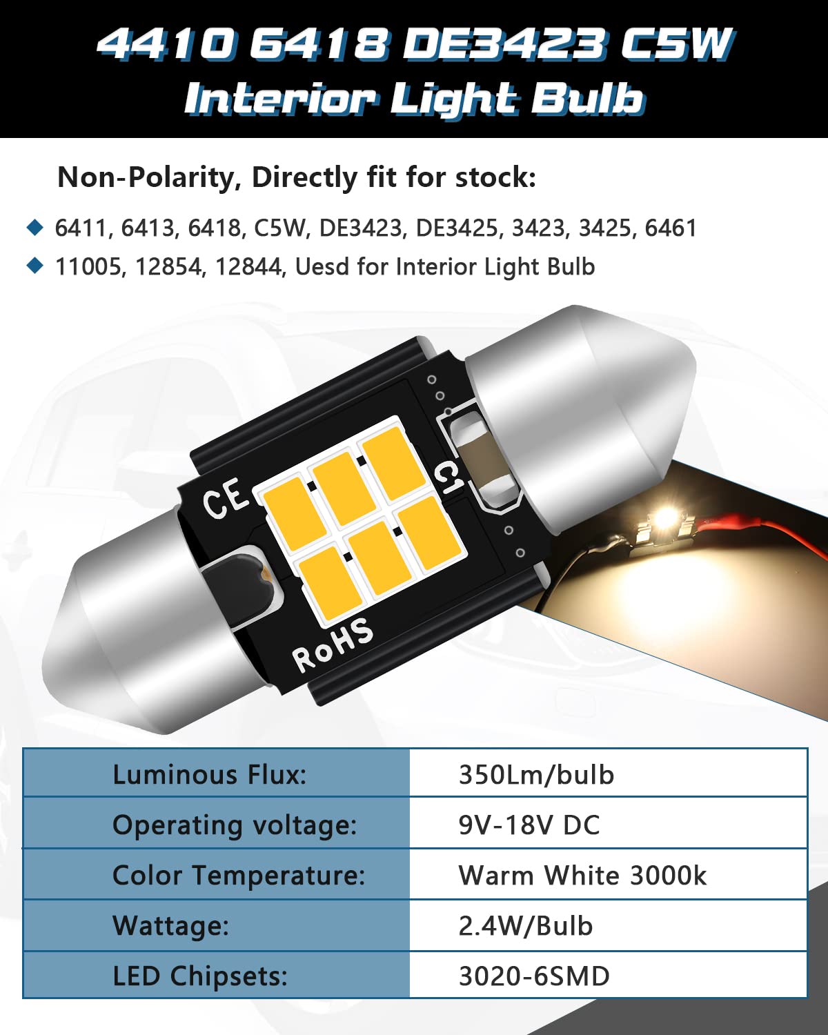 Alopee 6418 LED Bulb Dome Light 36mm Soft White 3000K Non-Polarity Error Free Model AM-3020-6SMD-WW-36MM