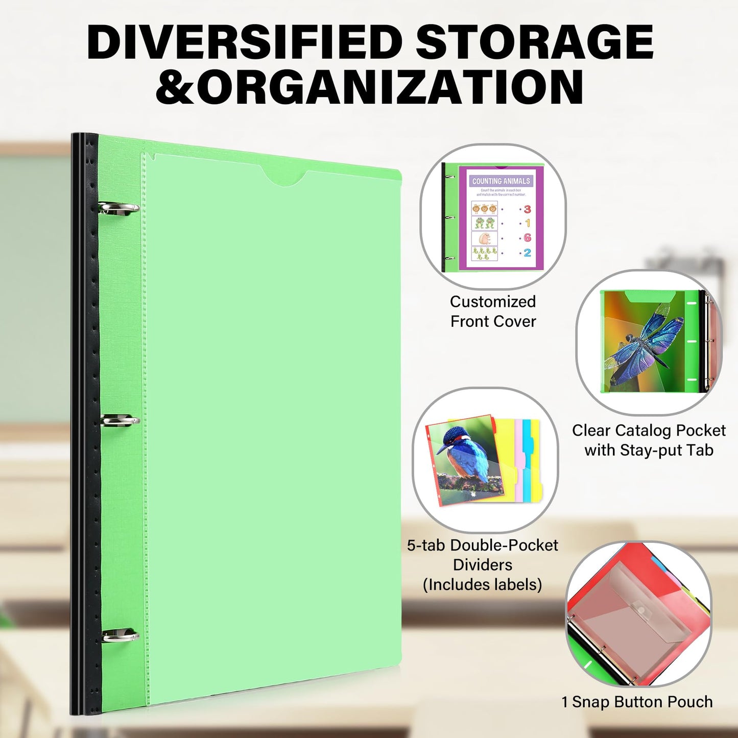 WOT I Telescoping Project Organizer, Refillable Binder with Dividers and Pockets, 13 Pocket Folders, 1 Inch 3 Ring Binder, Green