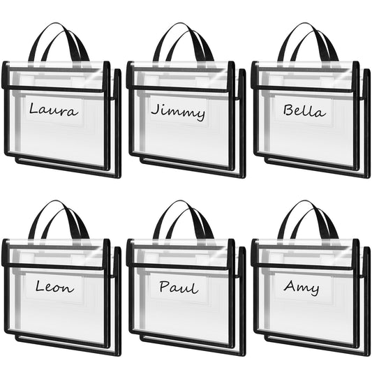 Teling 6 Pack 14 x 11 Inch Clear Book Pouches with Handles and Name Tags, Heavy Duty Reusable Library Book Bags for Classroom, Students Kids and Teacher Supplies (Black)