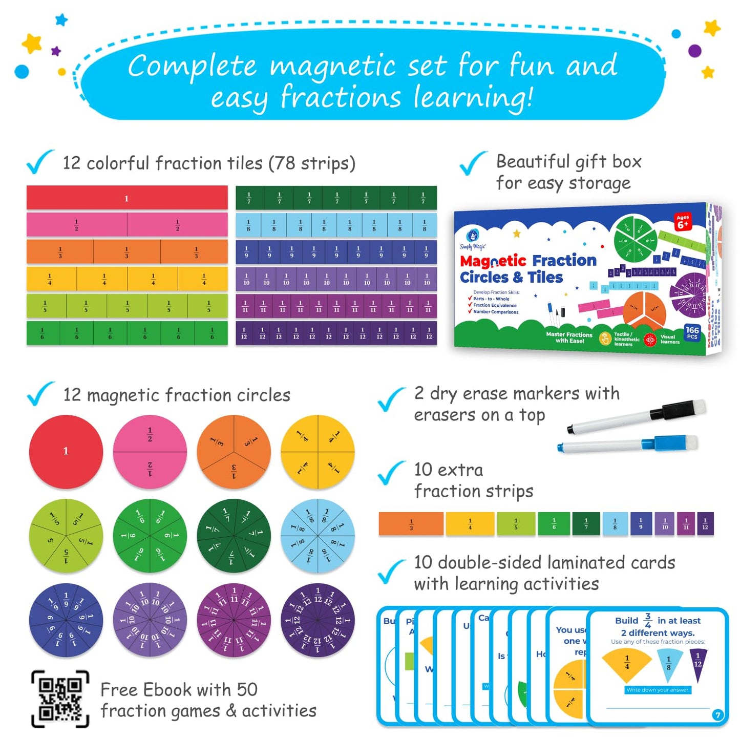 178 PCS Magnetic Fraction Circles & Fraction Tiles - Magnetic Fraction Strips & Bars Fraction Magnets Set Kit, Fraction Manipulatives Class Set, Fractions for Kids, Math Manipulatives - Simply Magic