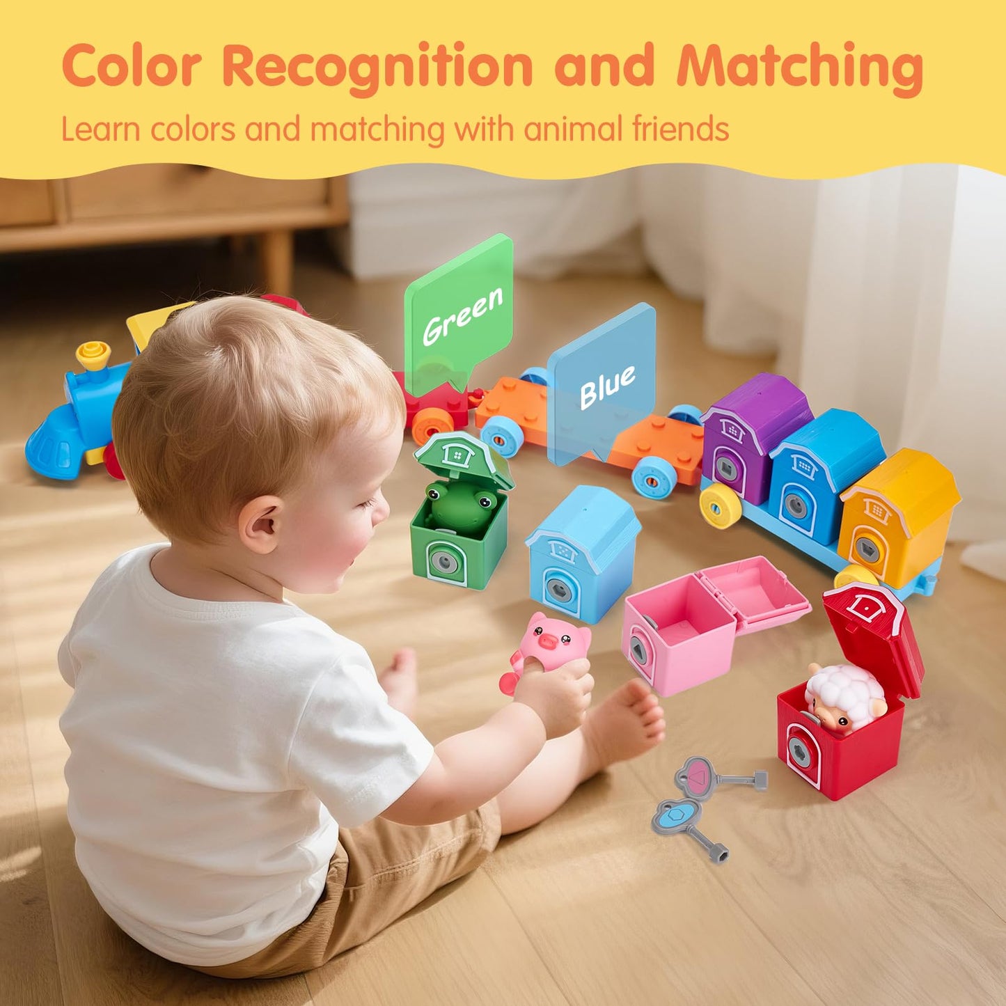Toddler Learning Toys for 2 3 Year Old-Counting Matching & Sorting Activity Montessori Train Set with Farm Animals Finger Puppets Keys to Lock and Unlock Barn Birthday Gift for Boys Girls 2-5
