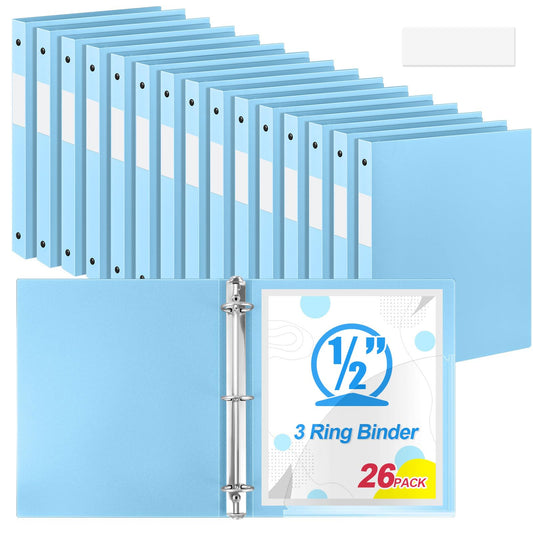 Henoyso 26 Pack 0.5 Inch Plastic 3 Ring Binder Round Ring, Bulk 1/2 Inch Flexible Binders Hold 140 Sheets Letter Size with Pocket, Document Organizer for Back to School Classroom Office (Light Blue)