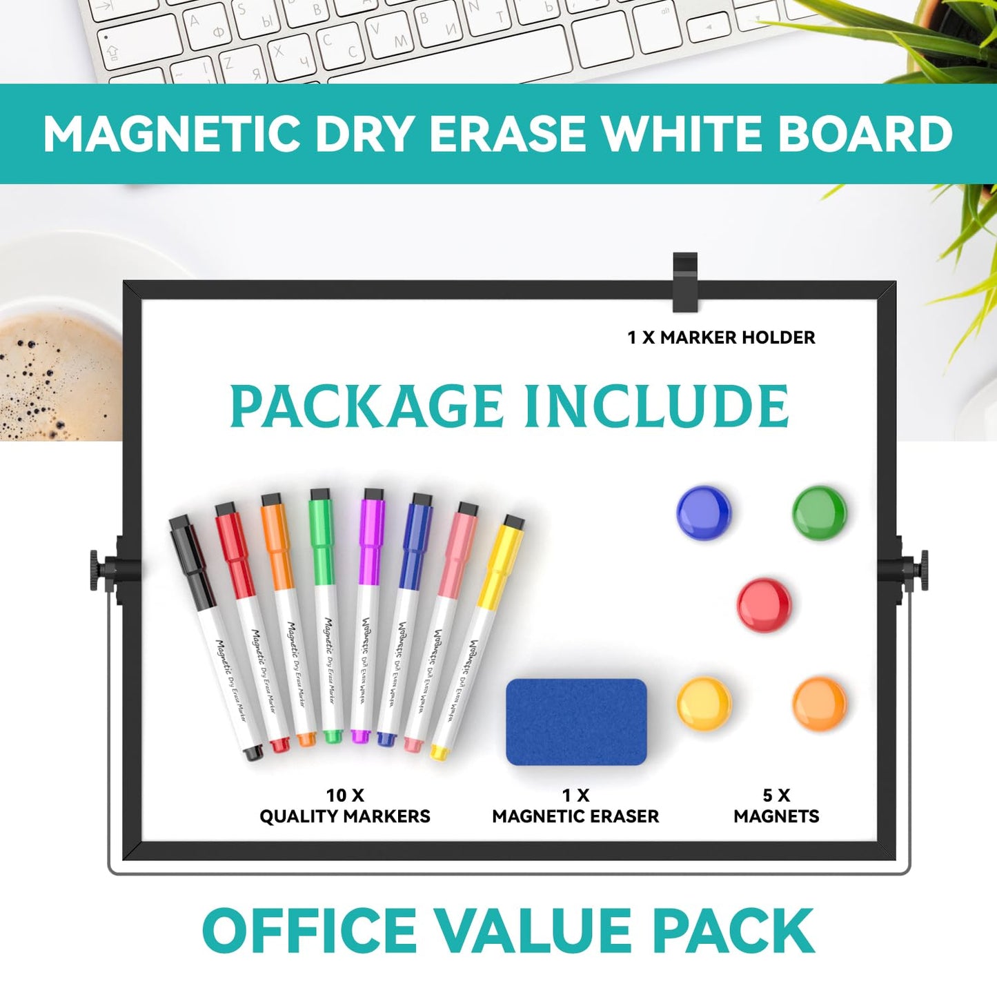 Dry Erase White Board, Cazeyoo Magnetic Desktop Whiteboard 16 x 12inch with Stand, 10 Markers, 4 Magnets and 1 Eraser, Portable Double-Sided White Board for Kids Drawing, Office, Home, School - Black