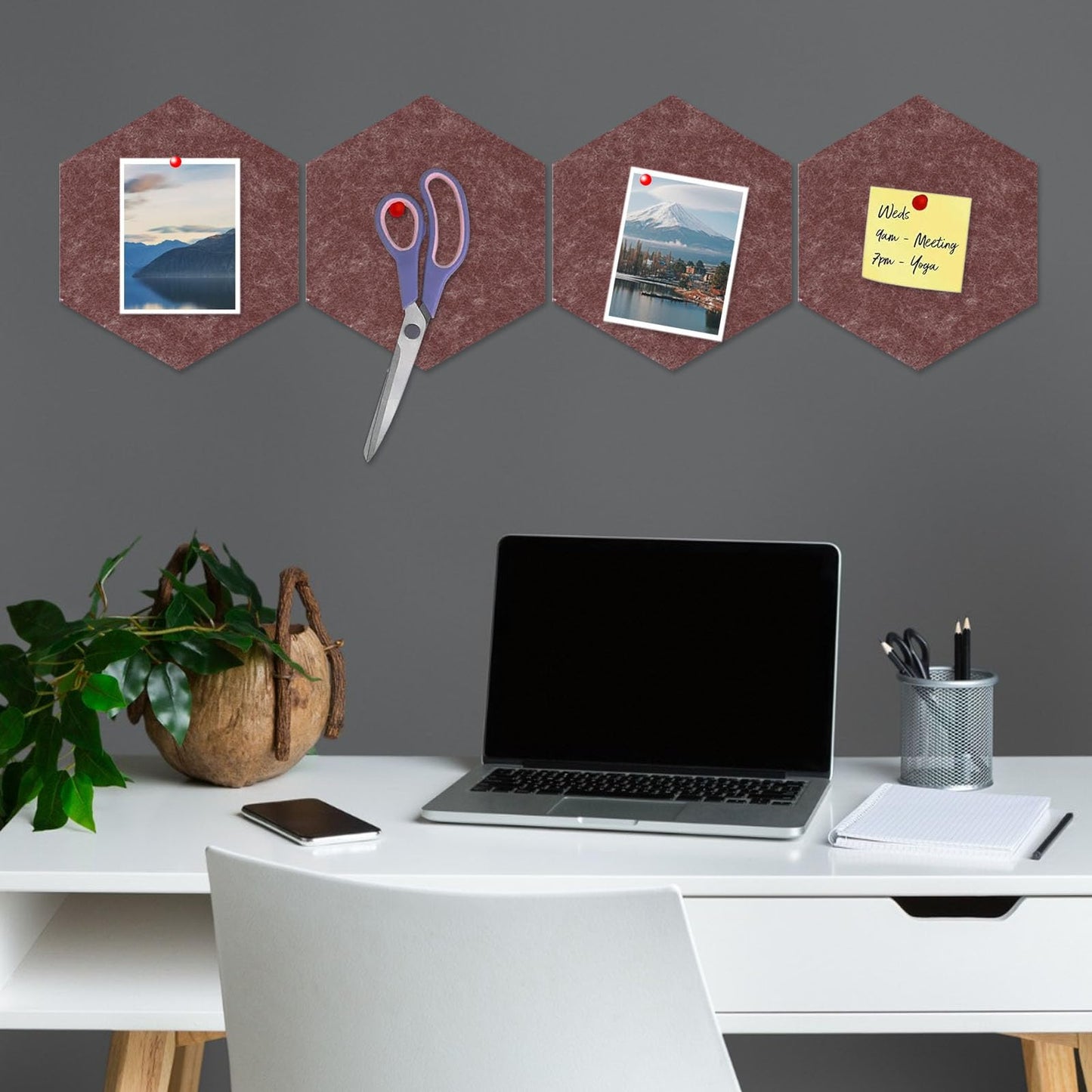 8 Packs Brown Hexagon Felt Pin Board, 12" Bulletin Board with 30 Push Pins, Felt Board for Home Kitchen Office Decor, Self-Adhesive Corkboard Tiles for Walls Message Photos Memos Display