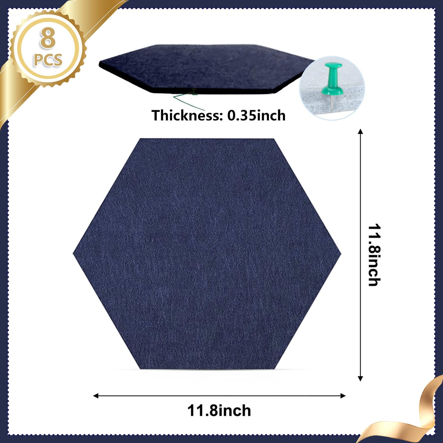 8 Packs Navy Blue Hexagon Felt Pin Board, 12" Bulletin Board with 30 Push Pins, Felt Board for Home Kitchen Office Decor, Self-Adhesive Corkboard Tiles for Walls School Message Photos Memos