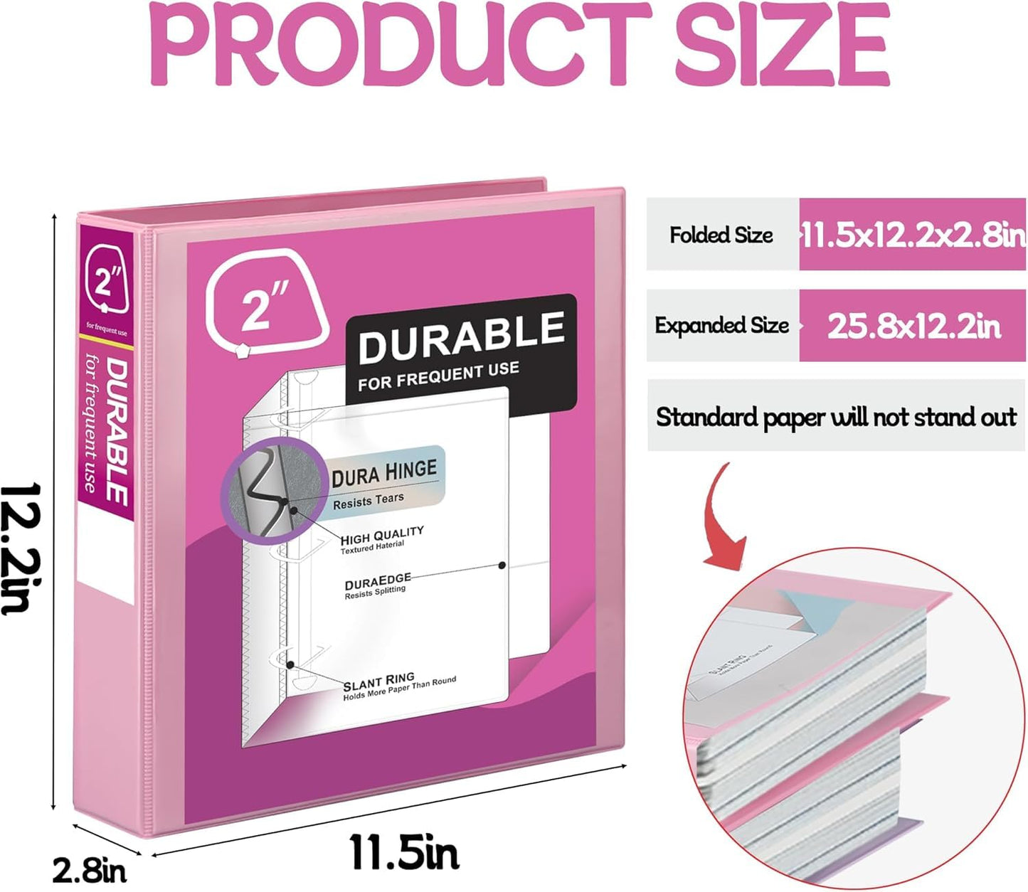 Zzrywuty Durable 3 Ring Binder,2 Inch,Economy 4 Pack,Each Holds 400 Pages,D-Ring Presentation View Binders for Office,School,Home (Pink)