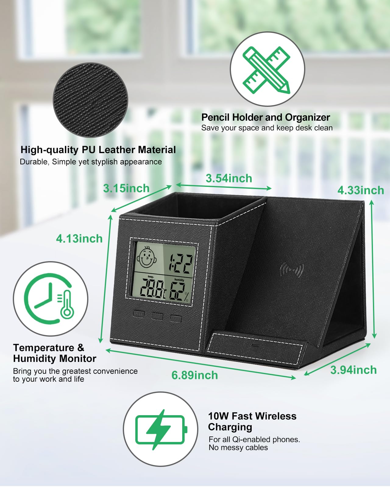Investme Pen Holder with Wireless Charger, Built in Digital Indoor Thermometer and Humidity Monitor, Multi-Functional Desktop Organizer for Home, School, Office Supply, Midnight Black