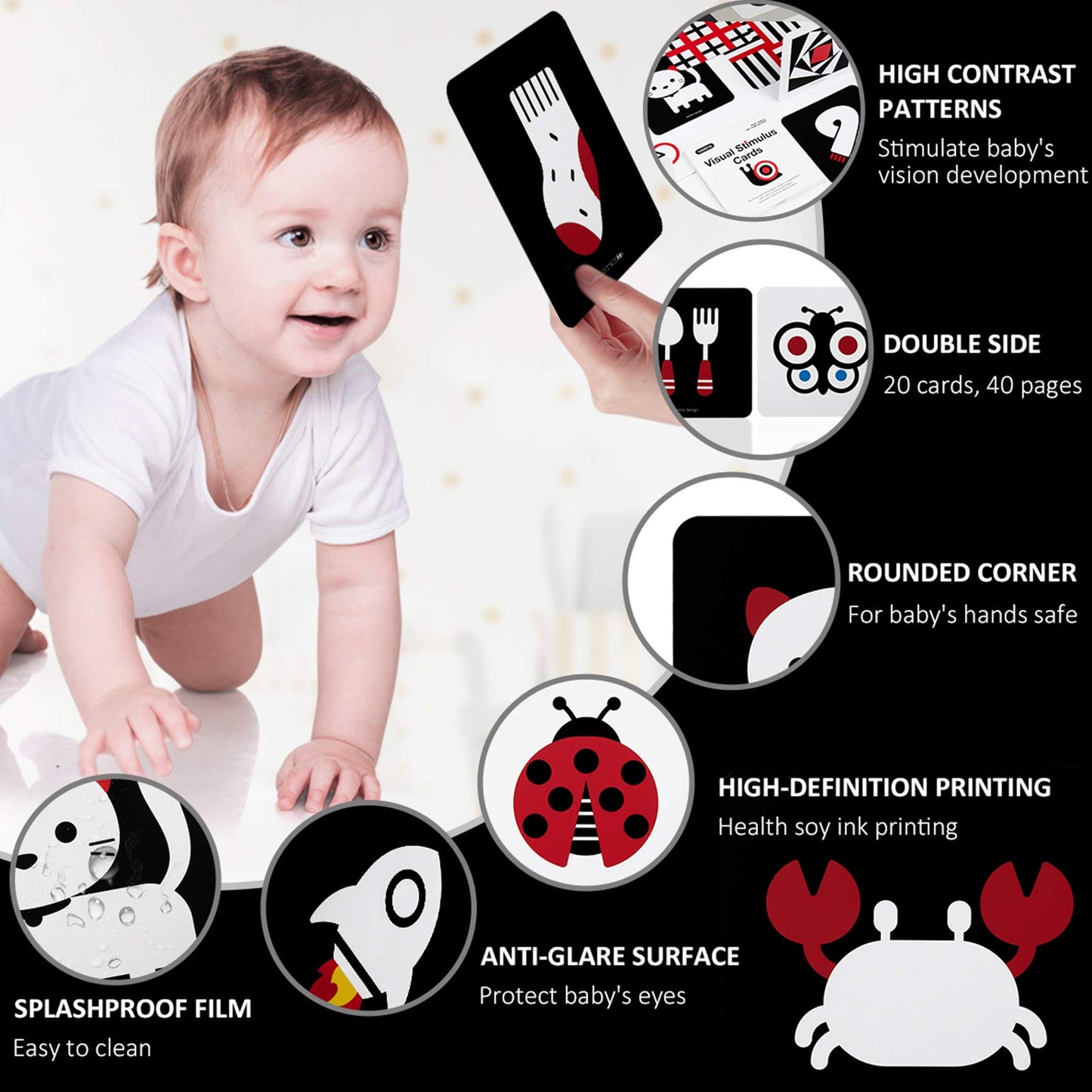 beiens High Contrast Baby Flashcards, Black White Color Newborn Brain Development Toys, Visual Stimulation Learning Activity Cards, Educational Infants Gift (Black White Color(for 3-6 Months))