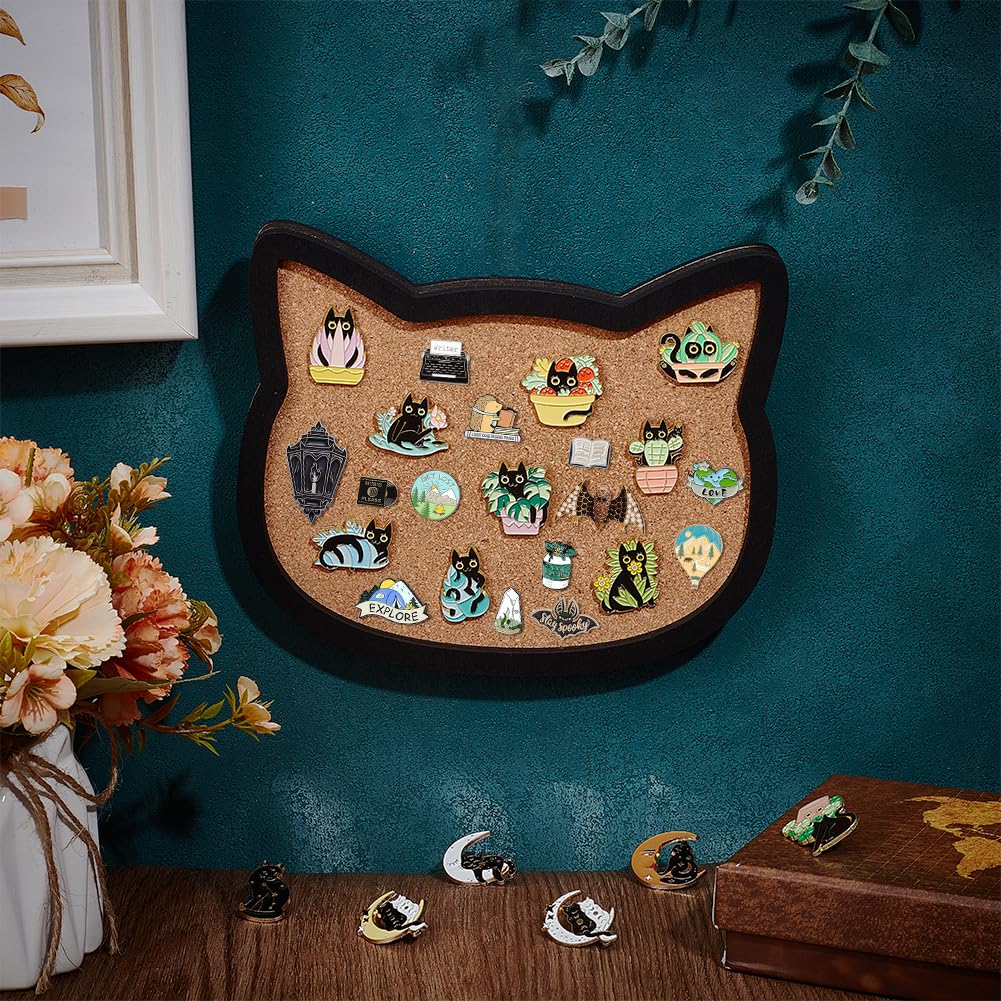 BENECREAT Cat Pin Board Cork Board, 7.8x6.7inch Bulletin Display Board Wall Mounted Cork Board with Black Frame for Brooch Pin Storage Display, Office Home and School Decor