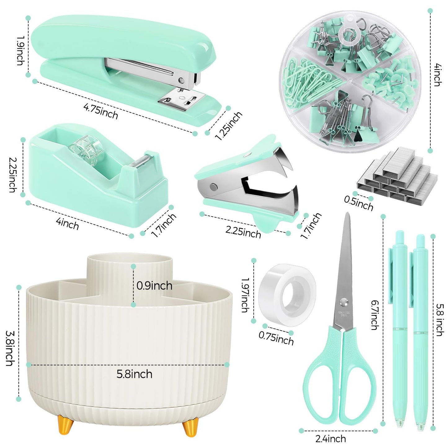 SKYDUE Teal Office Supplies Set, Office Desk Accessories 10Pcs, Pencil Holder for Desk, Stapler, Tape Dispenser, Scissors, Clips and 1000pcs Staples, School Supplies for Teacher