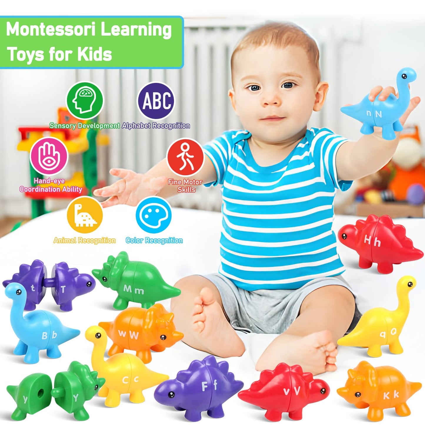 Letters Matching Game Dinosaur Toys 26 Letters Double-Sided ABC Alphabet Match Uppercase Lowercase, Montessori Learning Toy Educational Fine Motor Skill for 12 Months Toddlers Kids 1 2 3 4 5 Years Old