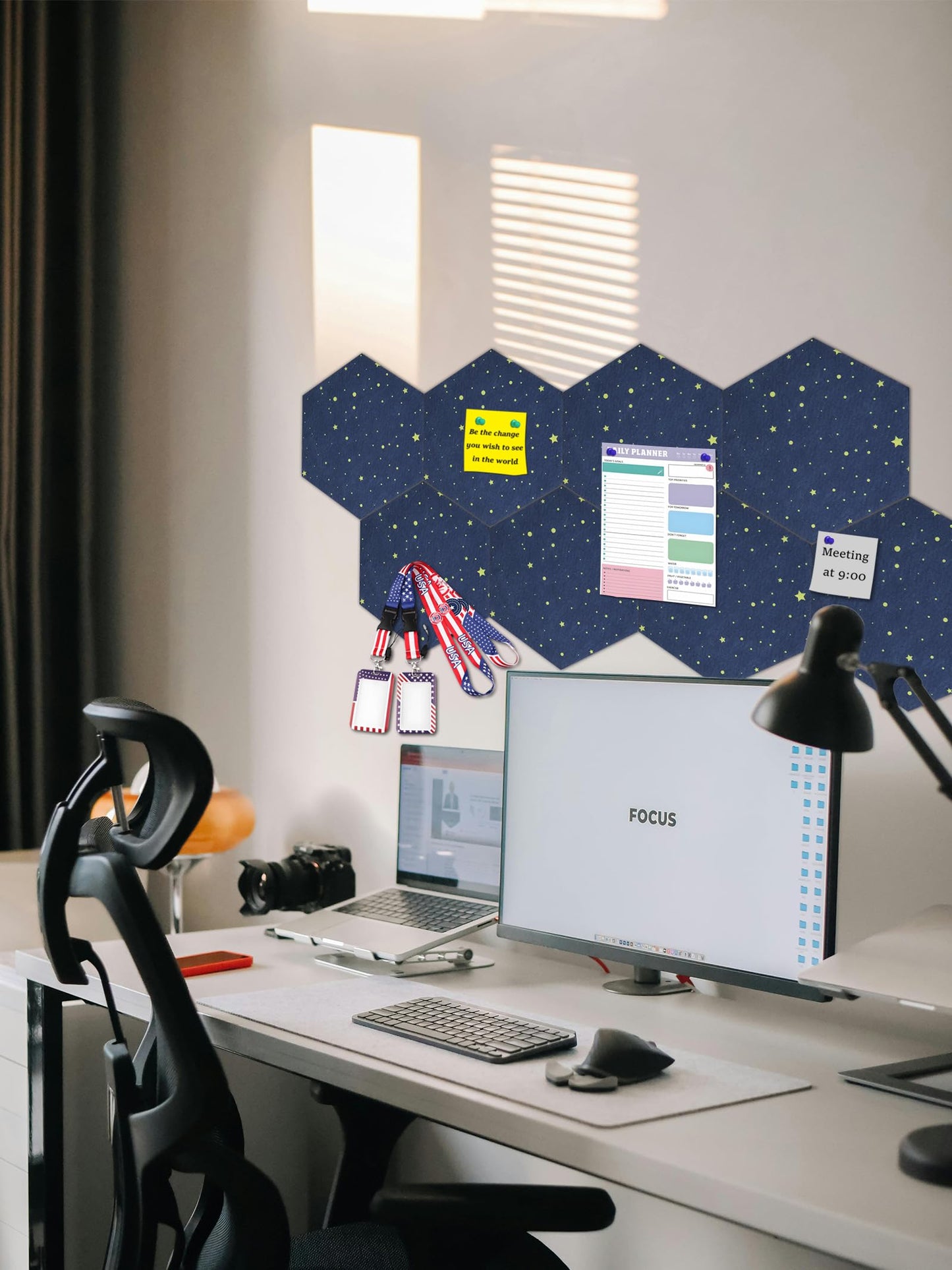 Hexagon Felt Bulletin Board Tiles, 8 Pcs, 8.7 x 7.5 inches, with 20 Pushpins, for Easy Display of Photos Pictures Memos Notices, Felt Wall Tiles for Office Home Classroom (Starry Navy)