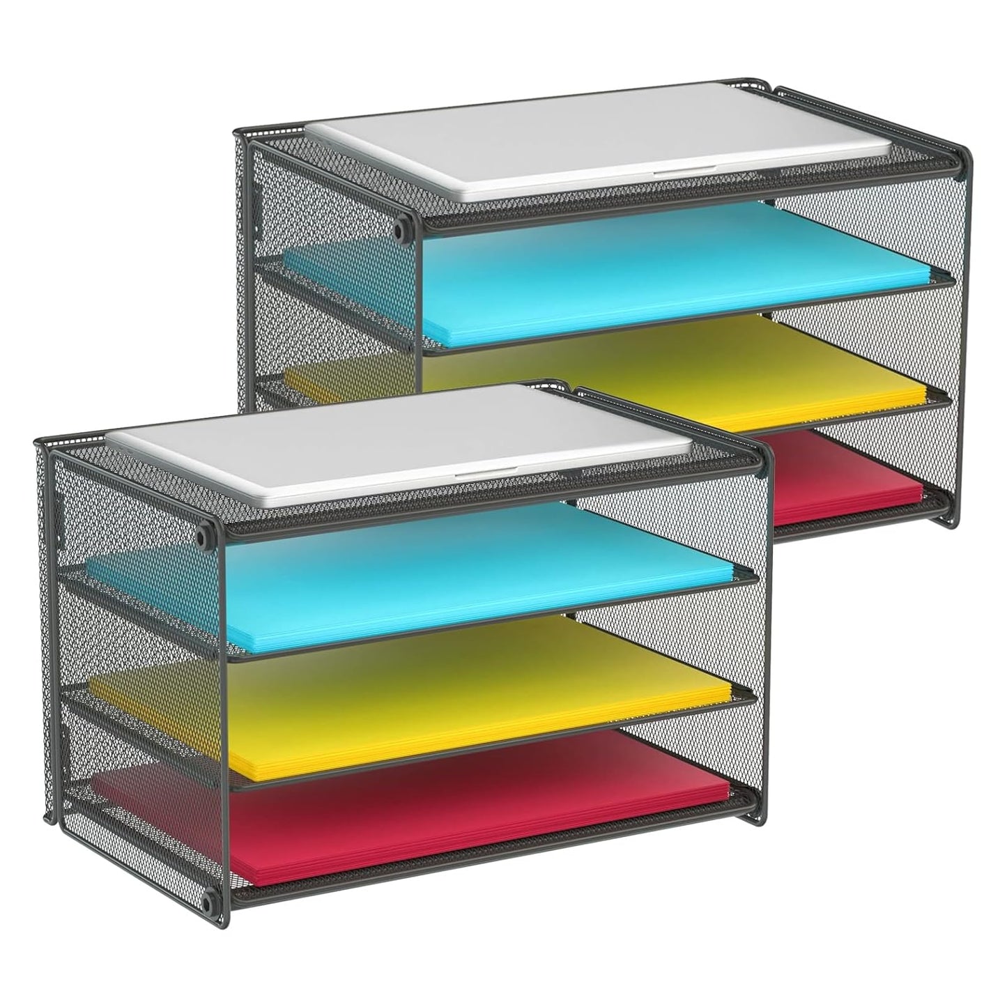 Samstar 2 Pack Paper Letter Tray, 3-Tier Desk File Organizer Paper Sorter Letter Shelf Rack, Mesh Made,Black