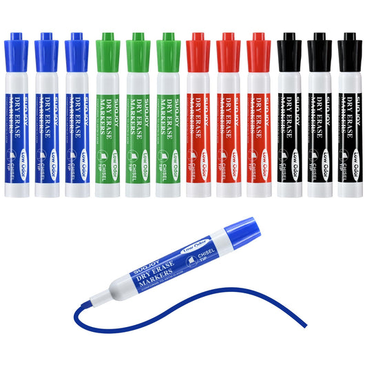 SUQJOY Dry Erase Markers, Chisel Tip Whiteboard Marker, Low Odor Thick Dry Markers, 12 Count 4 Assorted Color Markers for Kids/Teachers