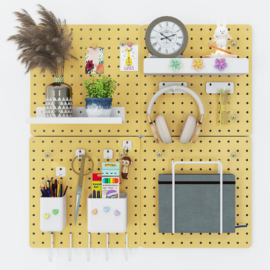 Soubeoii Metal Pegboard Combination Kit — 4 Carbon Steel Pegboards with 26 Accessories, Pegboard Wall Organizer for Home, Office, Study Room, Kitchen, Garage & Craft Room — 24″ × 24″ Yellow Peg Board