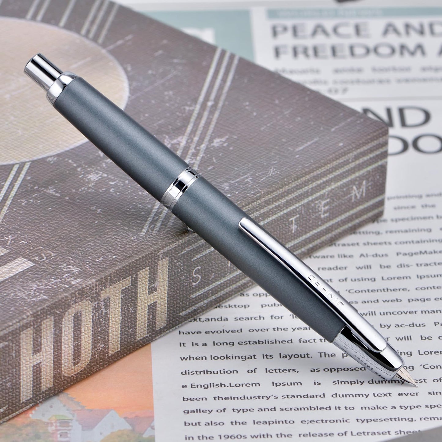 Jinhao 10 Press Fountain Pen with Box, Metal Gray Retractable Extra Fine Nib with Ink Converter Set (Silver Clip)