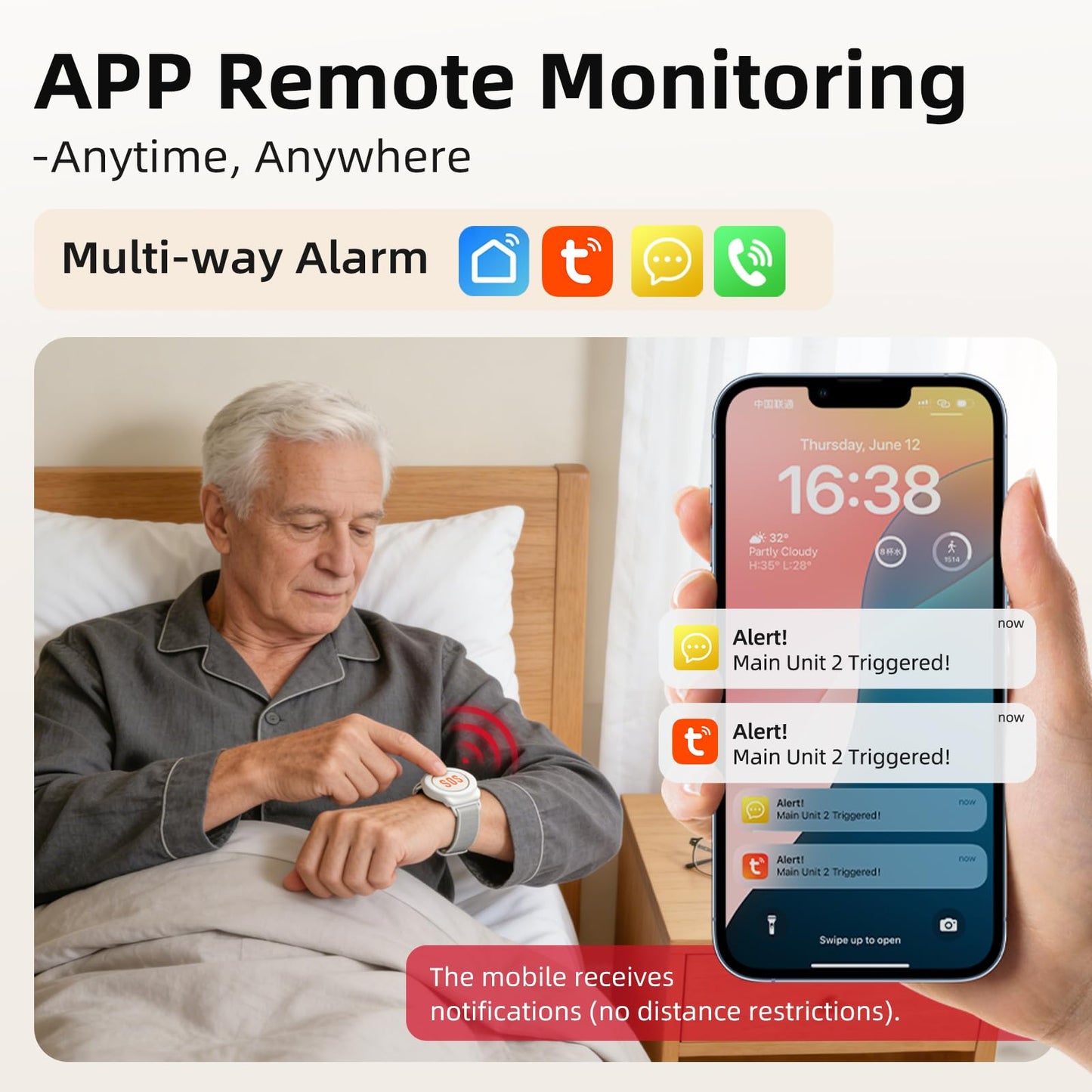 CallToU Wi-Fi Wireless Caregiver Pager Call Button for Elderly at Home, APP Emergency Alert Fall Help System for Seniors, Patients/Disabled Monitoring at Home