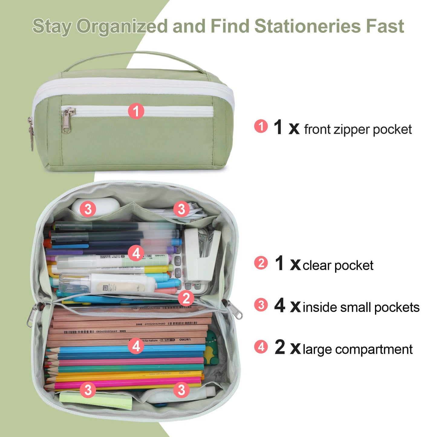 BrainyBees Large Pencil Pouch for Teen Girls, 8 Compartments, Green
