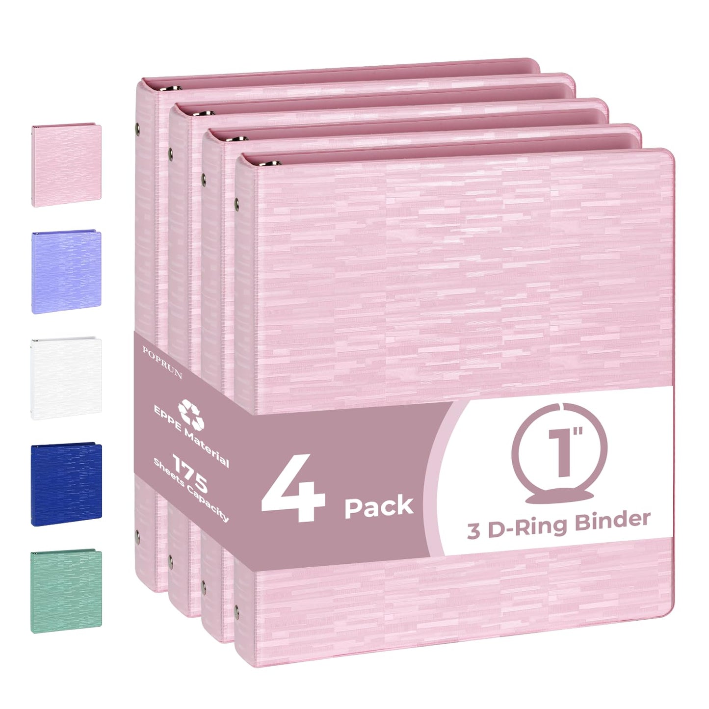 POPRUN 3 Ring Binder 1 Inch, PVC-Free, Holds 175 Sheets of 8.5 x 11 Paper, Extra Durable Organizer with 2 Pockets for School & Office, Heavy-Duty, 4 Pack, Pink