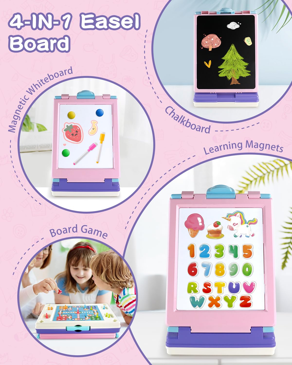 Elovien Easel for Kids, 4 in 1 Double Sided Toddler Art Easel with Chalkboard & Magnetic Whiteboard, Foldable Kid Tabletop Easel with Drawing & Writing Accessories - Educational Gift for Girl (Purple)