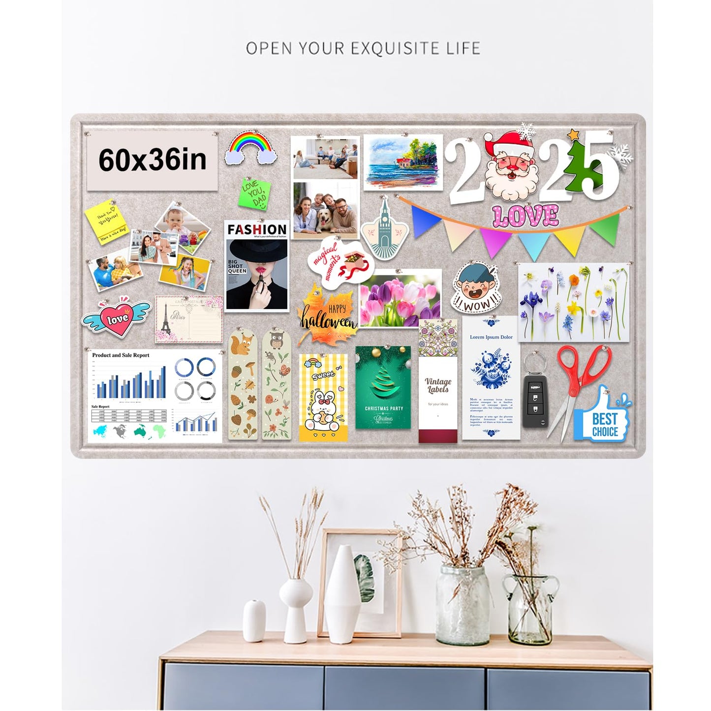Large Bulletin Board, Foldable 60x36 Inches Cork Board Alternative, Large Felt Board Decorative Pin Board for Wall, Foldable Photo Board Self-Adhesive Vision Board with 36 Pushpins Light Khaki