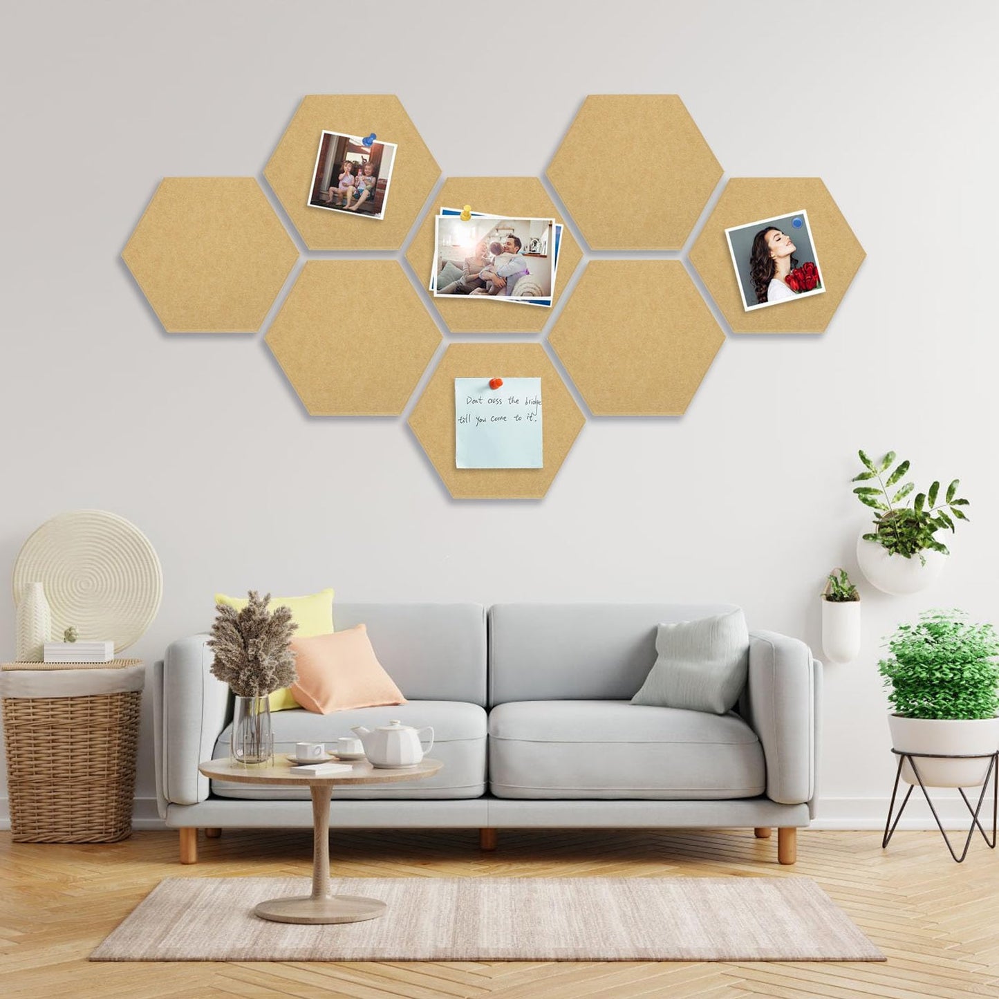 8 Packs Camel Hexagon Felt Pin Board, 12" Bulletin Board with 30 Push Pins, Felt Board for Home Kitchen Office Decor, Self-Adhesive Corkboard Tiles for Walls School Message Photos Memos