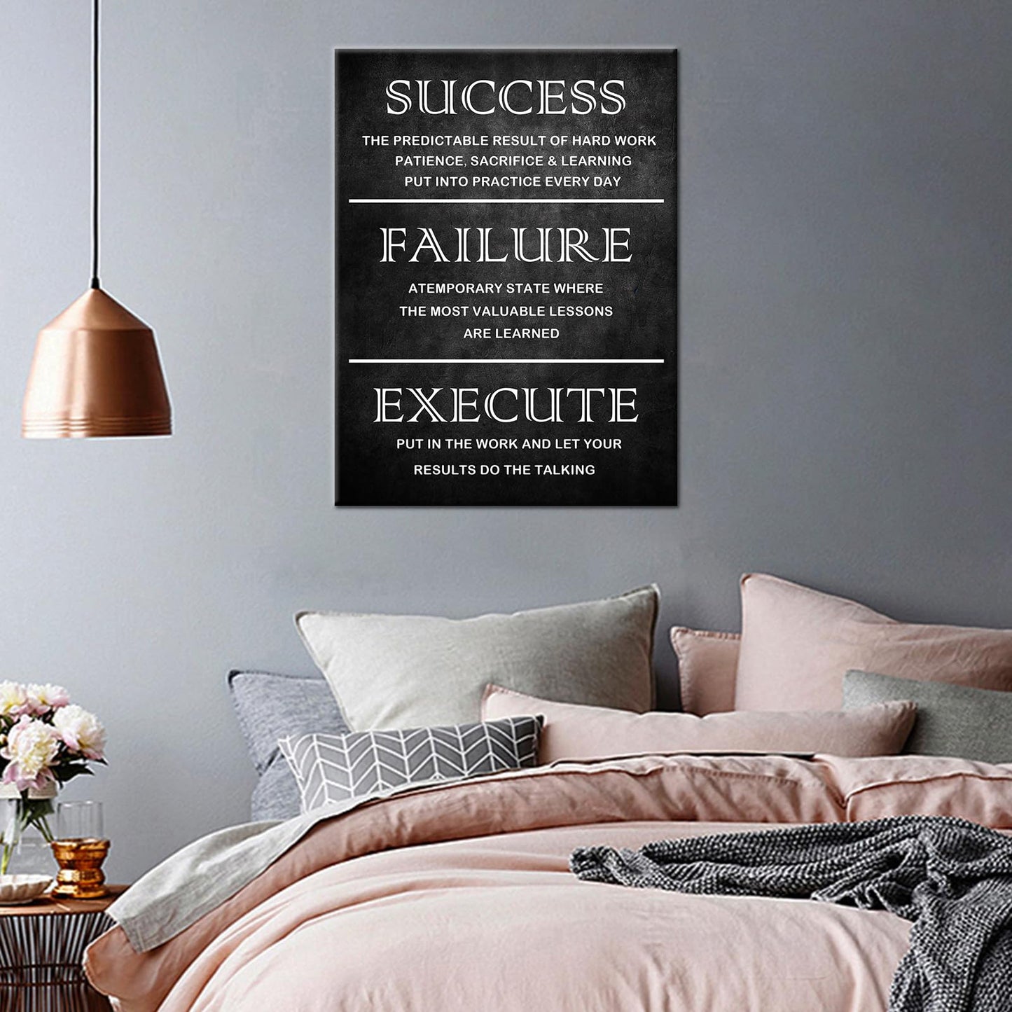 PJQART Inspirational Posters for Office, Success Failure Execute Typography Canvas Poster, Black Textured Single Panel Wall Decor for Home Office Dorm Classroom, 24x18 Inch