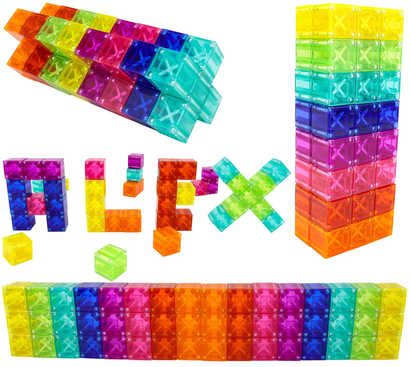 BrainSpark 48PCS Translucent Mulit-Color DigitBlocks Magnetic Building Blocks, Montessori Clear Magnet Cubes for Boys Girls Stacking Block Sets Ages 3-9