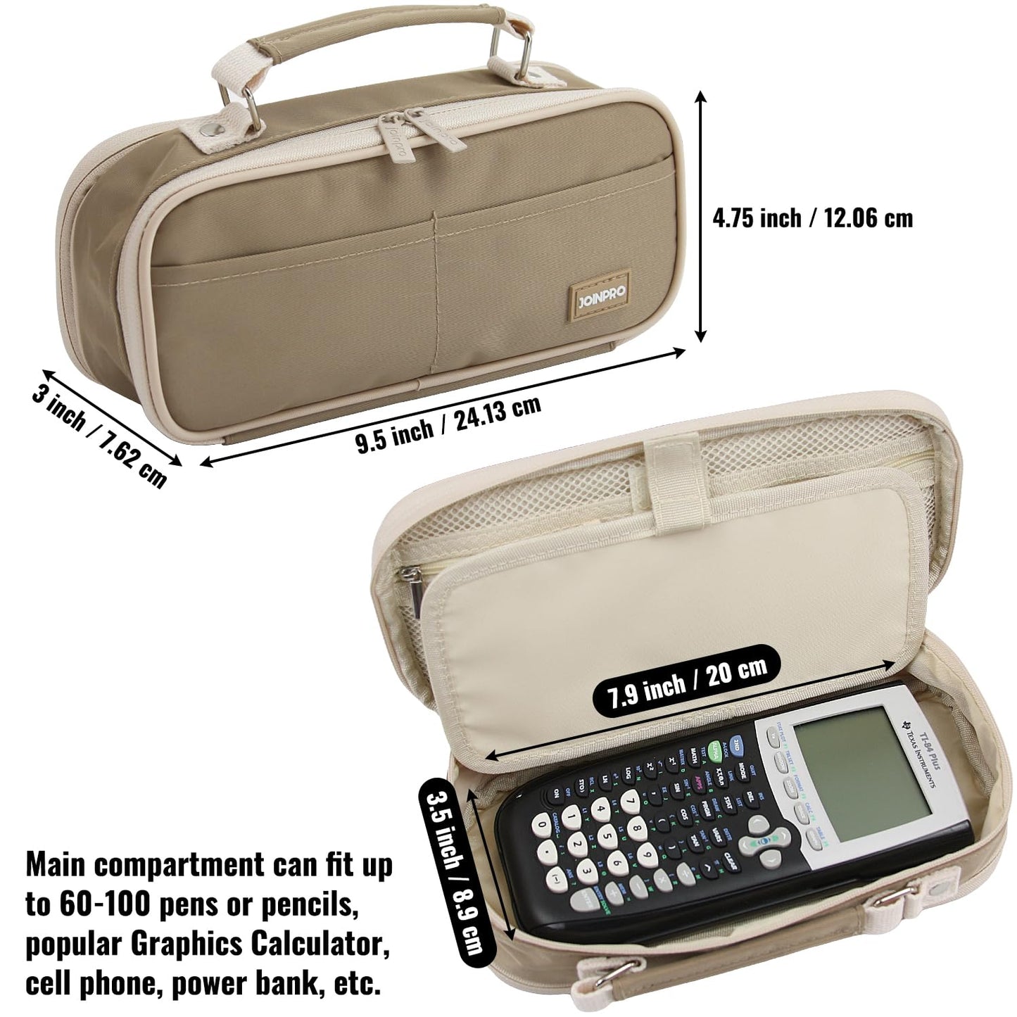 JOINPRO Large Capacity Pencil Case, 4 Compartment Pen Pouch Organizer with Double Zipper, Storage Bag for School, Office, Teen Girl Boy Men Women (Brown)