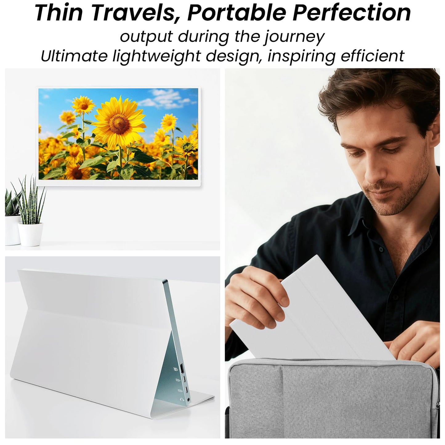 Prechen 15.6'' Touchscreen Portable Monitor, FHD IPS Display with Built-in Speaker & Protective Case, 10-Point Touch Screen, HDMI & USB-C Travel Monitors for Laptop, PC, Phone,Metal Gray + White
