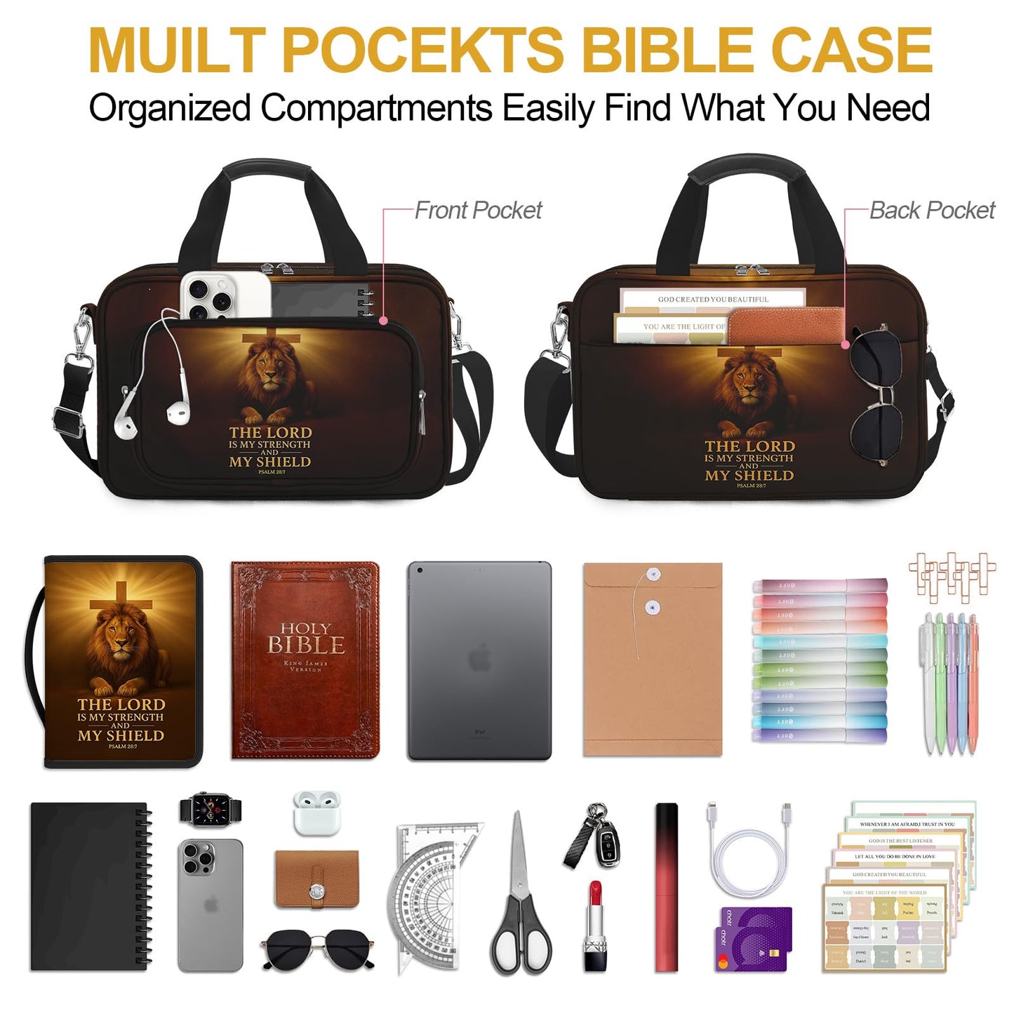 IBOVODI Lion Cross Bible Cover Case for Mens, Large Bible Carrying Book Case Church Bag with Strap & Handle Zipper Pocket, Bible Study Supplies Journaling Kit, Highlighters Tabs Pens Cross Clips