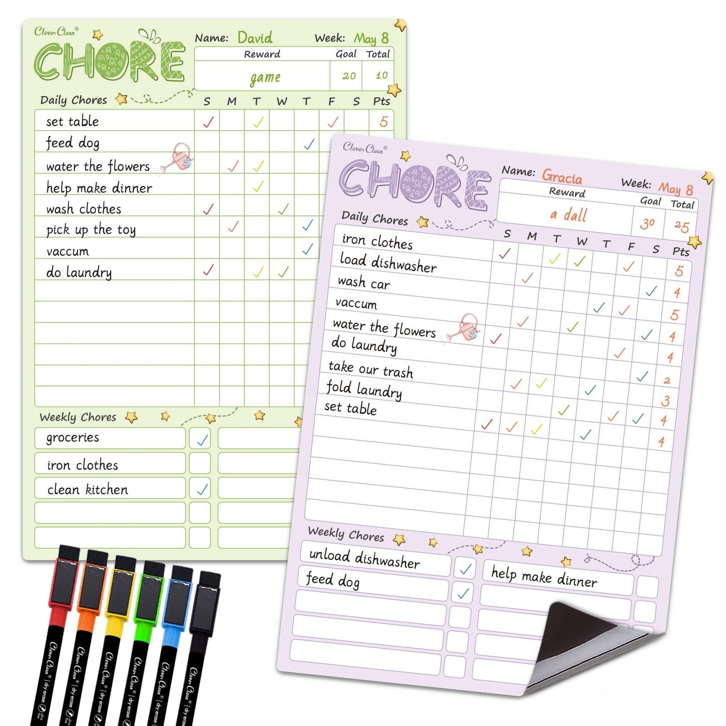 Magnetic Dry Erase Chore Chart - 8.5"x12" Behavior Responsibility Chore Board for Kids, Teenagers - 6 Extra Fine Point Markers Included - Shipped Flat 2 Pcs