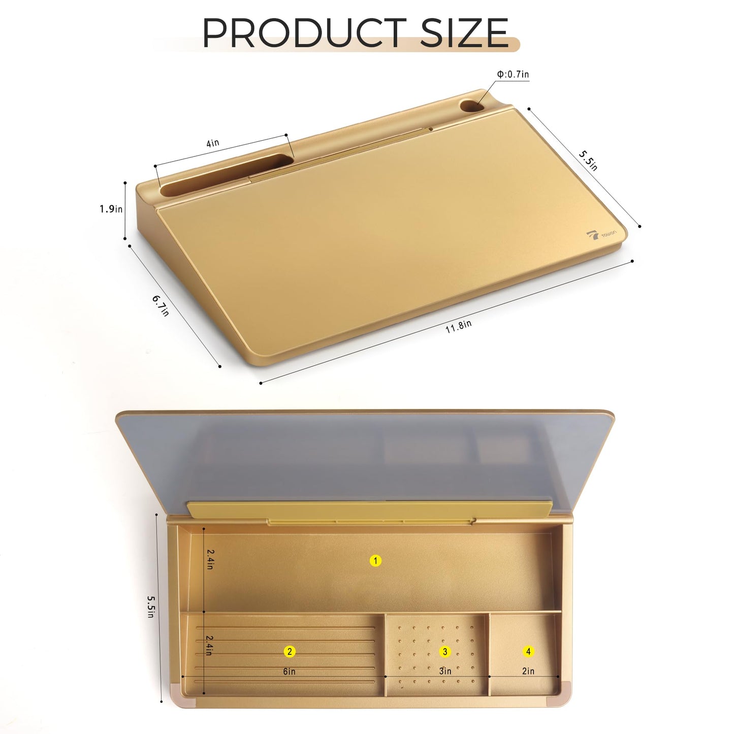 TOWON Small Compact Glass Desktop Whiteboard with Storage – 12 x 7 in Dry Erase Board for Desk, Home Office, School | Includes 5 Markers, Eraser & Holder | Space-Saving Organizer, Metallic Gold