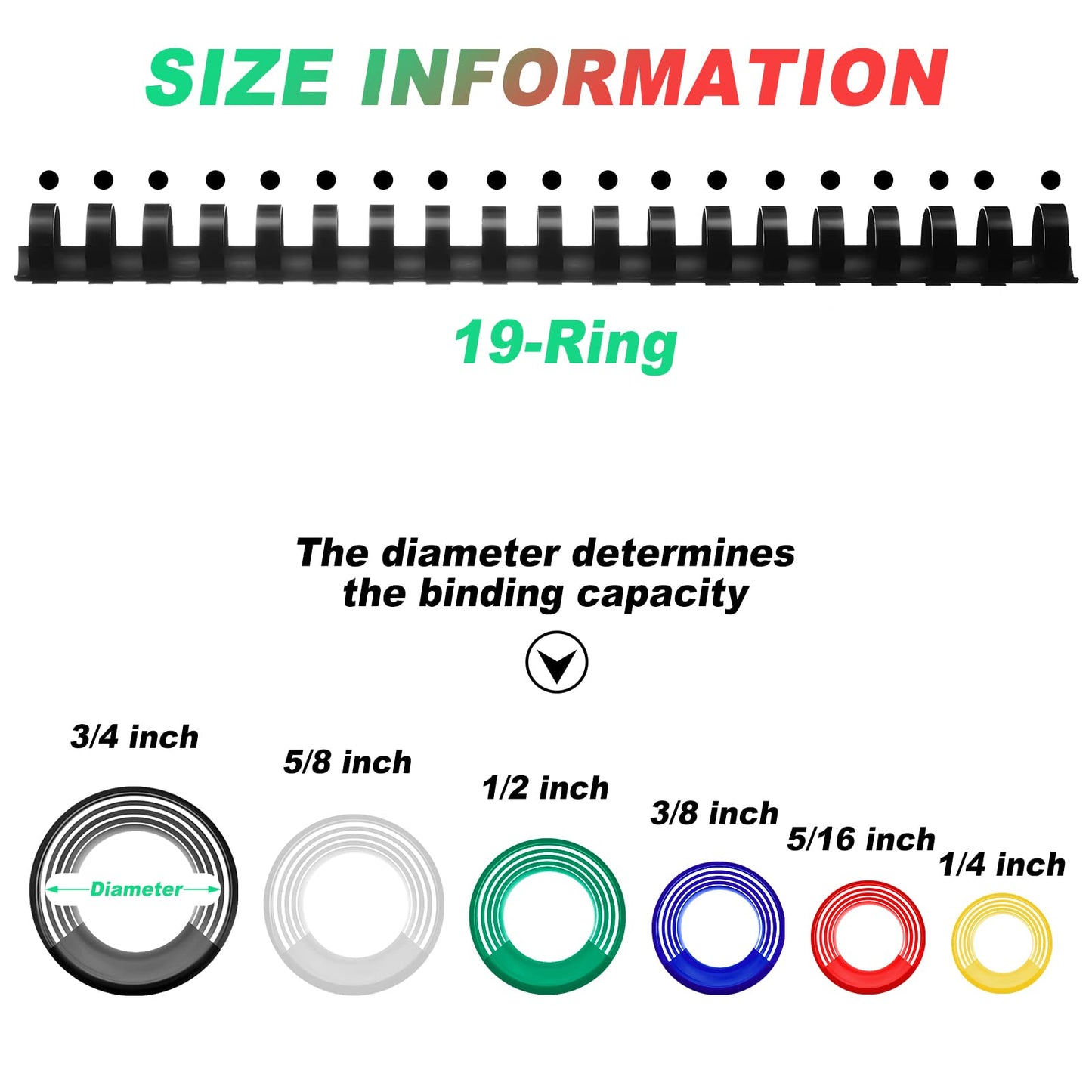 Yunsailing 150 Pack Plastic Binding Combs Plastic Binder Comb Ring 19 Ring Binding Spines Letter Size Spiral coils for Notebook Calendar(1/4 5/16 3/8 1/2 5/8 3/4 in,Multi Colors)