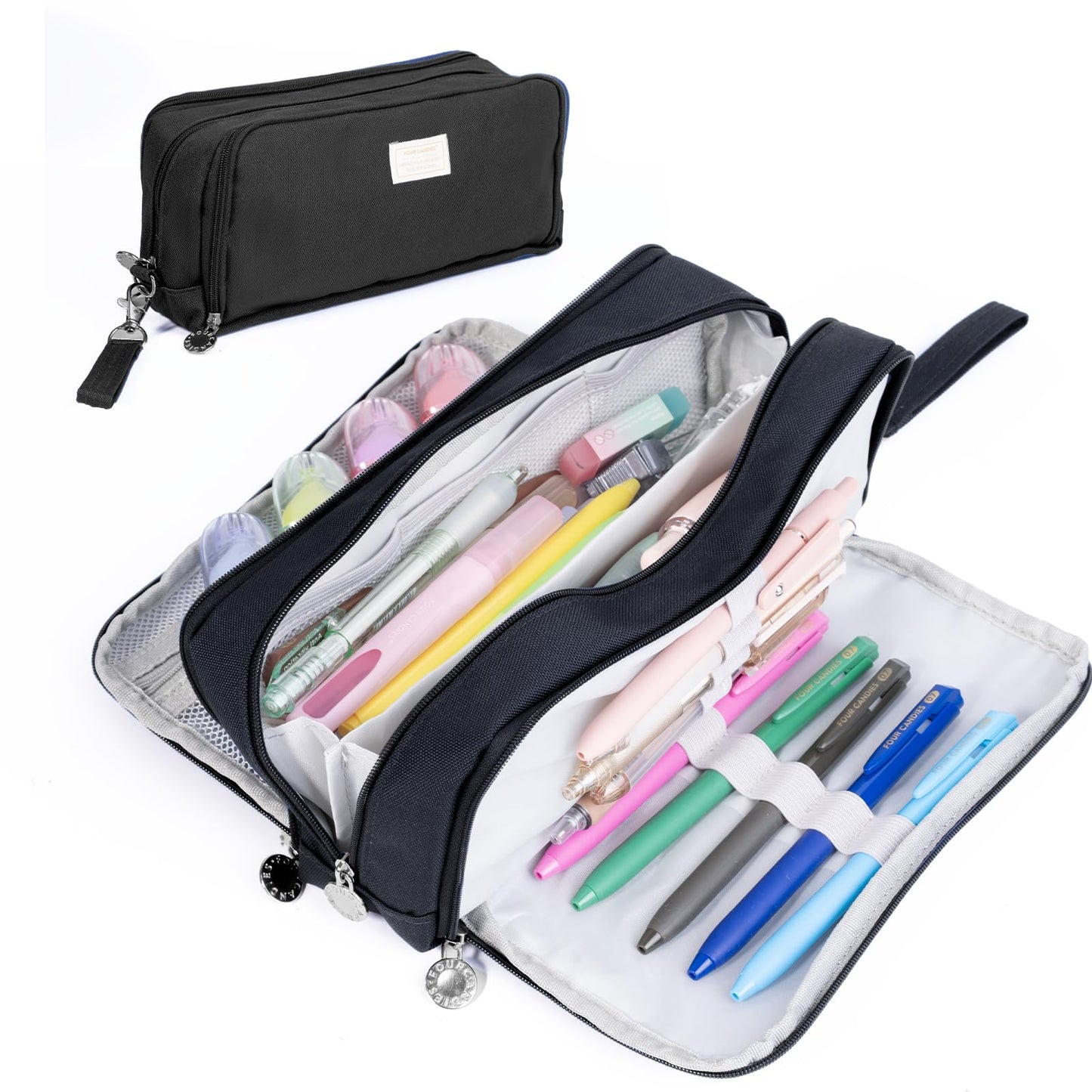 Four Candies Black Pencil Case 3 Compartment Pouch, Large Pencil Pouch for School, Girls, Teen Boys, Women, Black, Removable Handle & Zipper, Cute Pencil Bag for Office, College