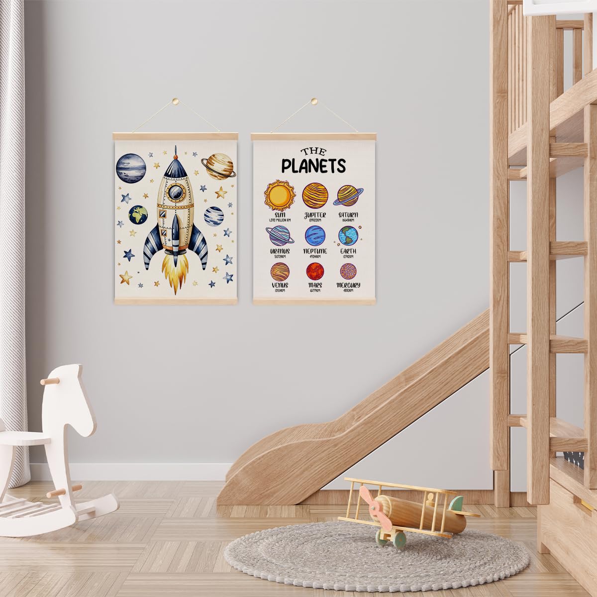 2PCS Solar System Poster Hanger, The Planets Classroom Decor,Outer Space Planets Poster Hanging Banner With Wooden Frames for Boys Girls Room Nursery Playroom Decorations 15.8x11.8 Inch