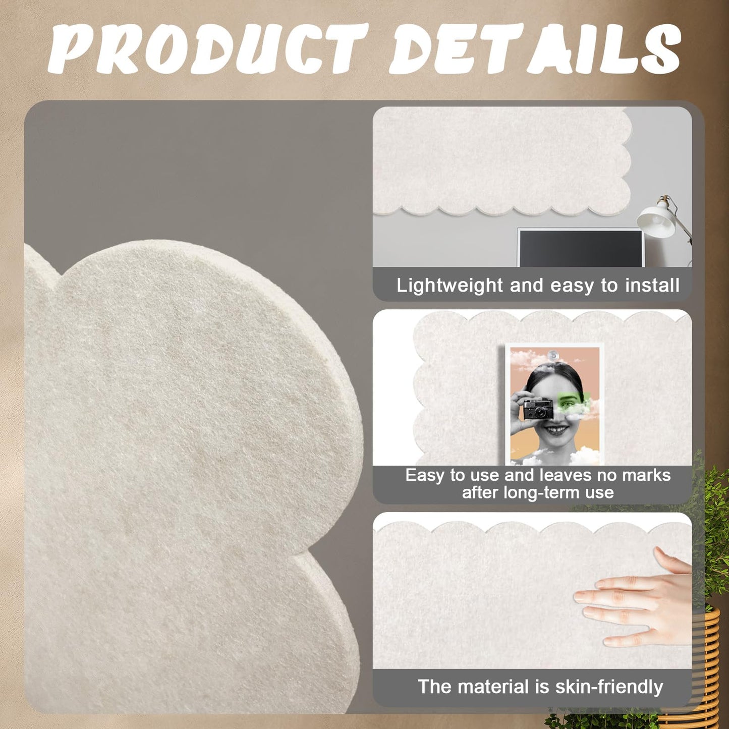 Beige Scalloped Felt Bulletin Board - 36 x 24 Inches Large Felt Board Foldable Cork Board Alternative Photo Board Self-Adhesive Vision Board Decorative Pin Board for Wall
